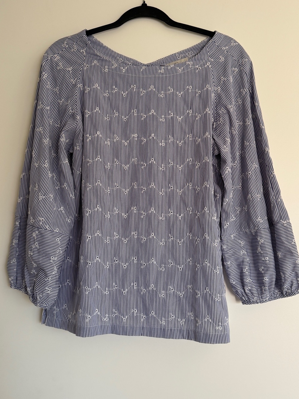 LOFT Striped Blue Embroidered Puff-Sleeve Blouse